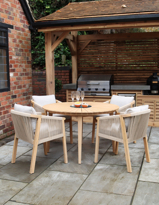 Roma 4 Seater Round Sunray with Terrazzo Insert Dining Set with Roma Rope Stacking Chairs