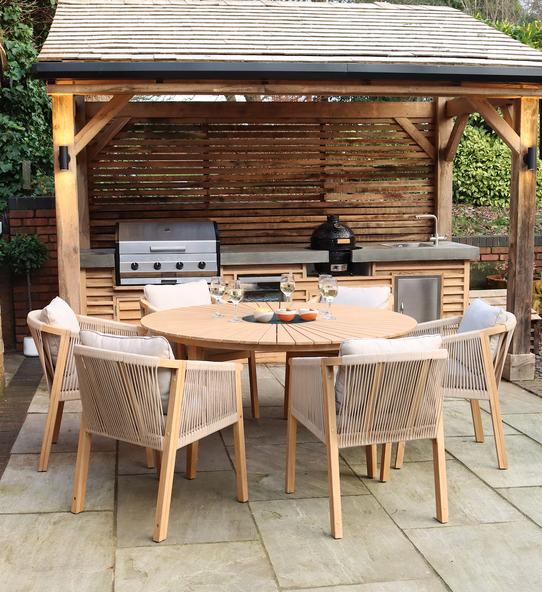 Roma 4 Seater Round Sunray with Terrazzo Insert Dining Set with Roma Rope Stacking Chairs