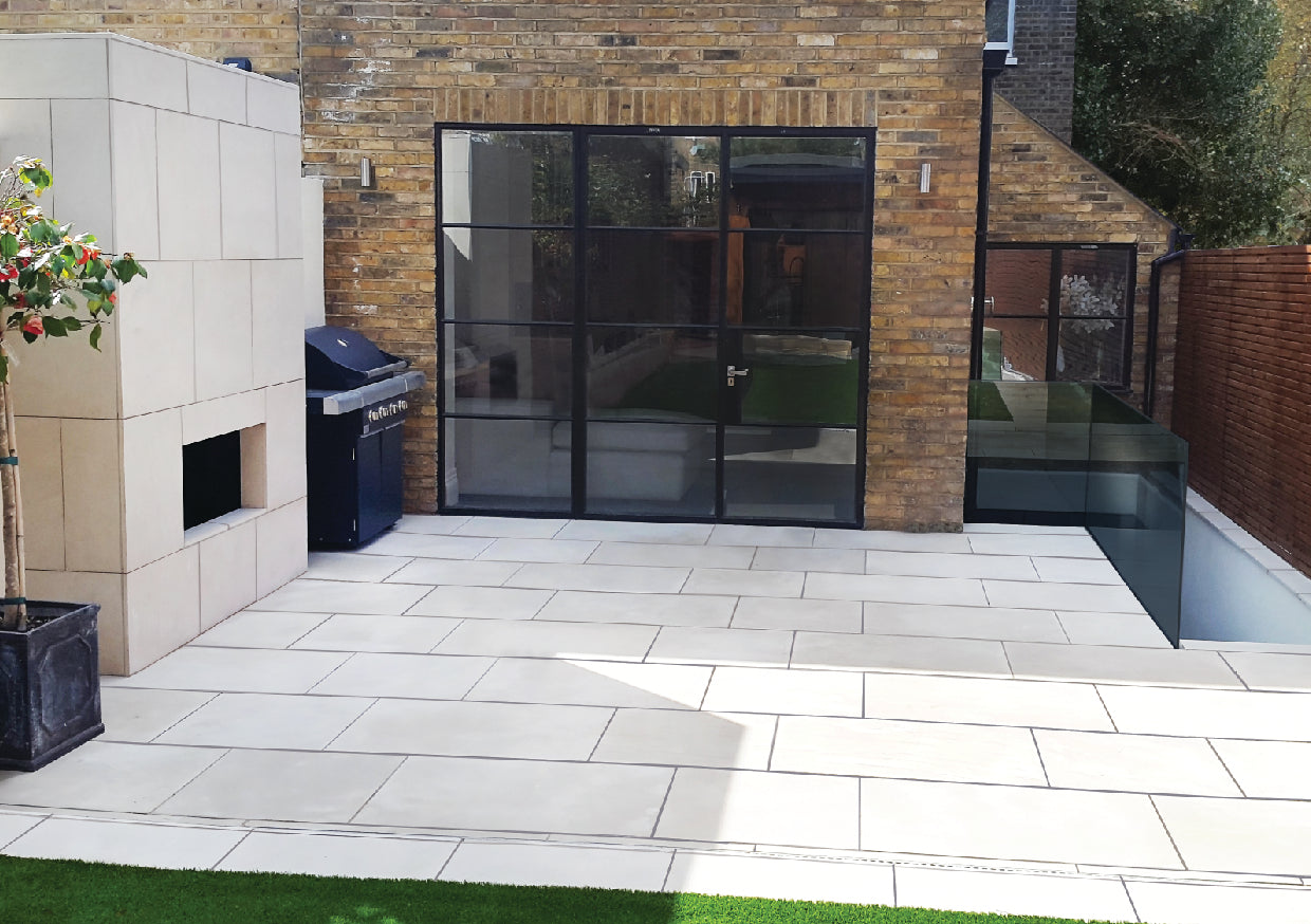 Ethan Mason Vanilla Smooth Indian Sandstone 900 x 600 Paving Slabs - Paving Shopper