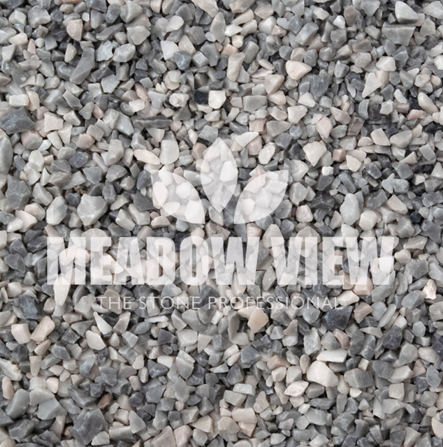 An image showing a close-up view of small, mixed-color gravel stones with a "Paving Shopper Alpine Ice Chippings - 3-8mm" logo overlaying the center.