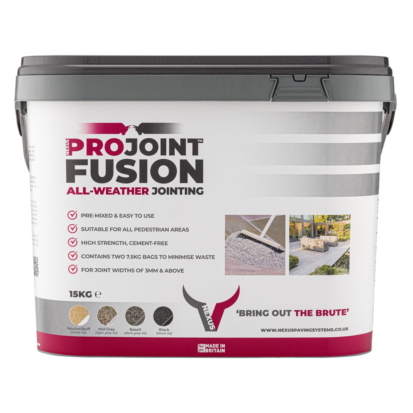 15kg bucket of Paving Shopper's Fusion All-Weather Resin in Basalt. Key features include pre-mixed, cement-free composition, ideal for all pedestrian areas. Manufactured in Britain.