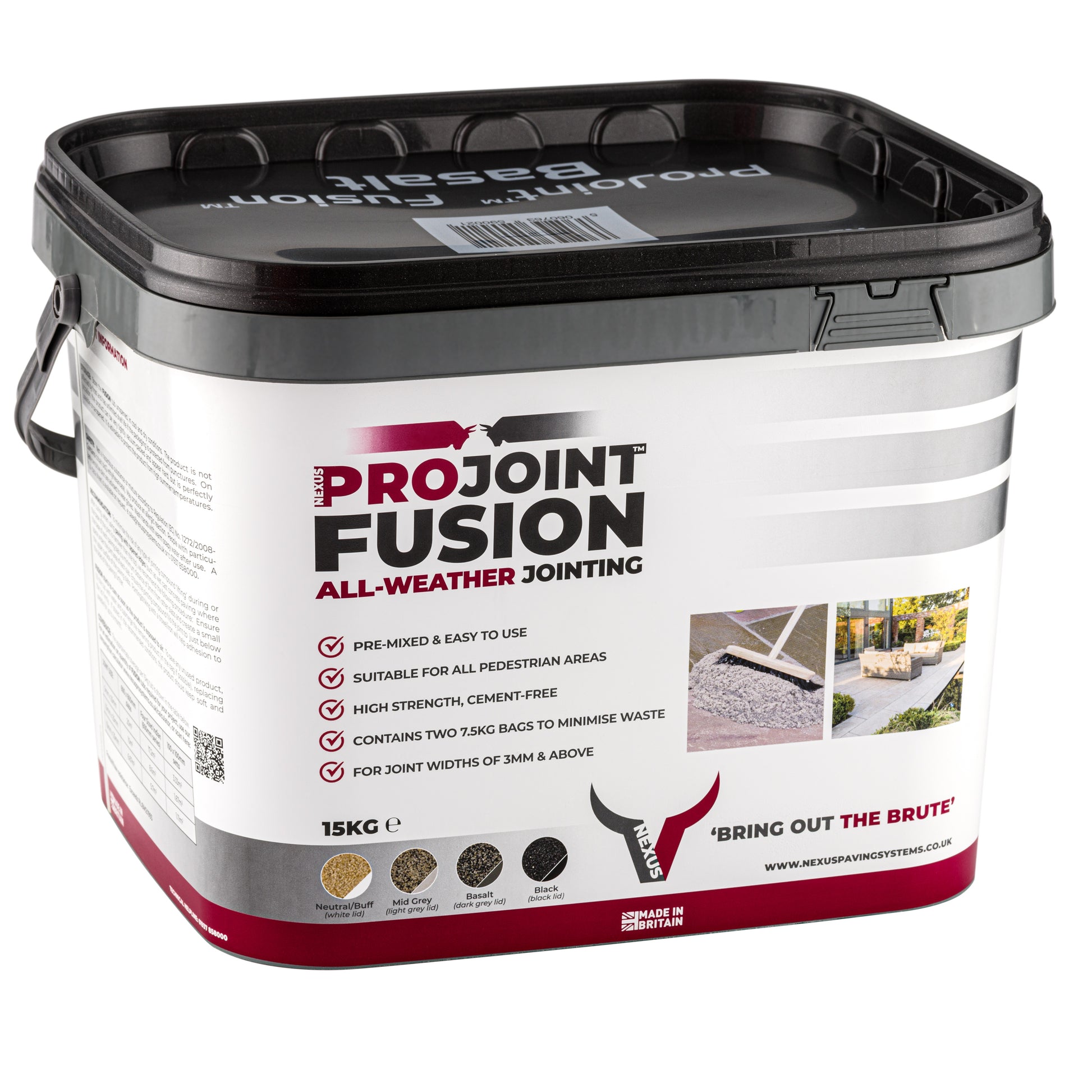 A 15kg plastic container of Paving Shopper's Fusion - All Weather Resin in Basalt, showcasing product benefits such as ease of use and high strength alongside images on the label.