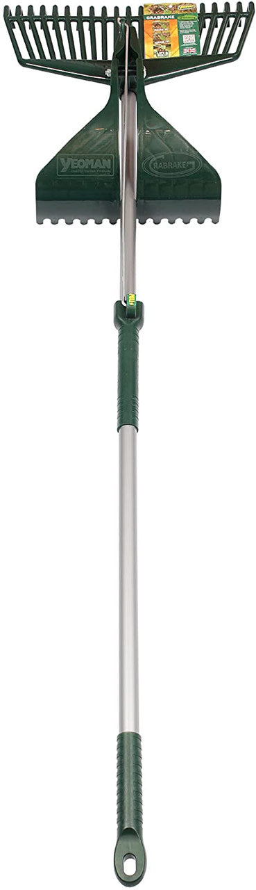 Introducing the Grabrake by Paving Shopper, a sleek green and silver dual-head outdoor tool ideal for garden cleanup. Its adjustable handle ensures comfort, while the integrated leaf scoop enhances its traditional rake design, making it effortless to tidy up your outdoor space.