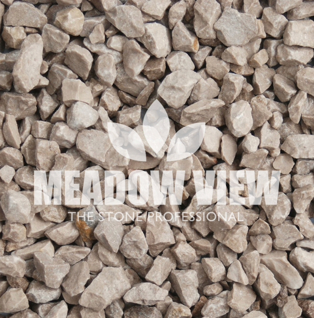 Close-up of light gray gravel with "Paving Shopper: The Stone Professional - Grey Limestone Chippings 6-14mm" text overlay.