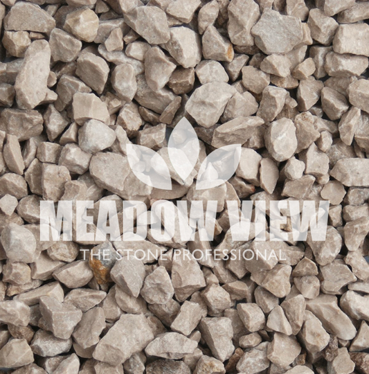 Close-up of light gray gravel with "Paving Shopper: The Stone Professional - Grey Limestone Chippings 6-14mm" text overlay.