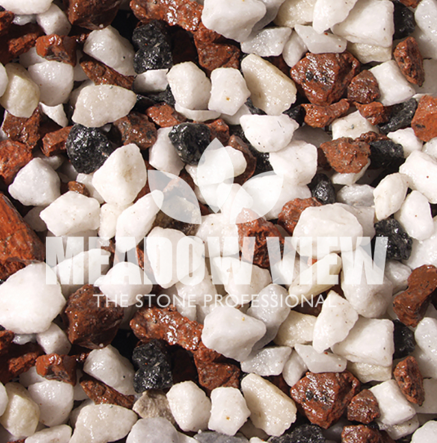 A close-up of a mixture of red, white, and black decorative stones. The text "Paving Shopper Multi Mix Chippings - 8-11mm" is visible on top of the stones.