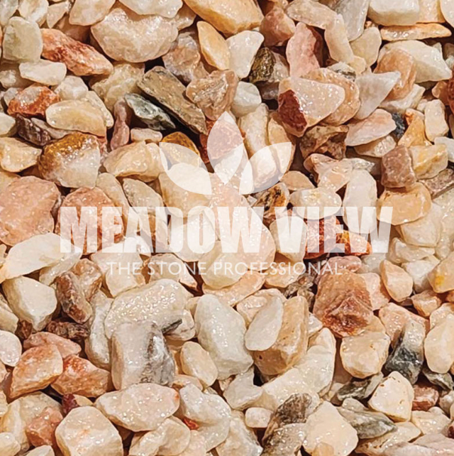 Close-up of decorative gravel stones in various shades of beige, white, and light brown with "Paving Shopper Savannah Rose Chippings - 14-20mm" text overlay.